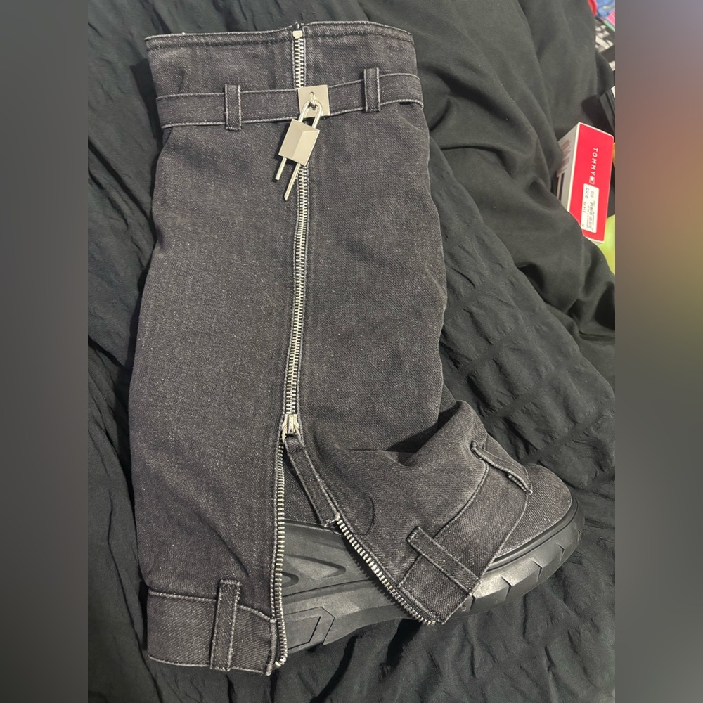 Black Denim Zippered Boots